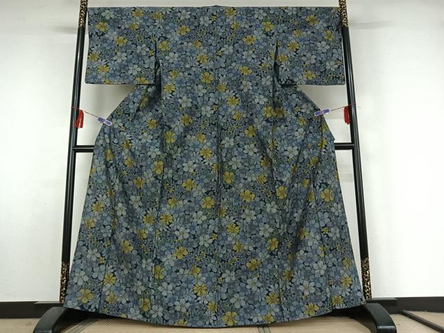 平和屋着物▽上質な紬 単衣 花づくし文 正絹 逸品 AABF5035jh