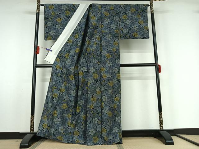 平和屋着物▽上質な紬 単衣 花づくし文 正絹 逸品 AABF5035jh