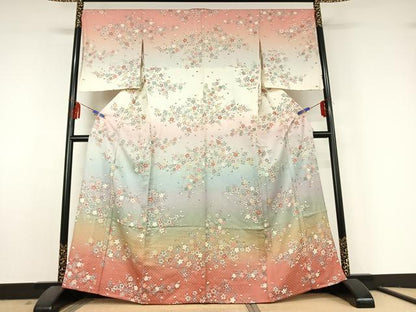 平和屋着物▽訪問着 単衣 枝花文 暈し染め 金彩 正絹 逸品 AABF5040jh