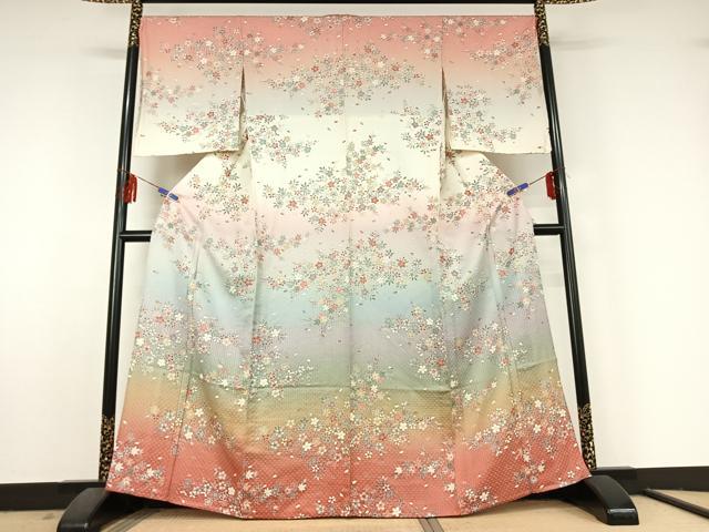 平和屋着物▽訪問着 単衣 枝花文 暈し染め 金彩 正絹 逸品 AABF5040jh