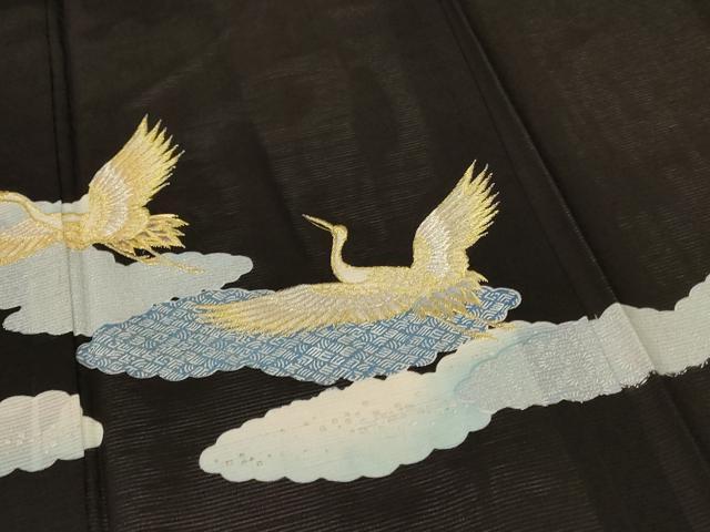 平和屋着物＊夏物 黒留袖 絽 刺繍 飛鶴文 金彩 洗える着物 AABF5049jd