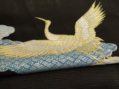 平和屋着物＊夏物 黒留袖 絽 刺繍 飛鶴文 金彩 洗える着物 AABF5049jd