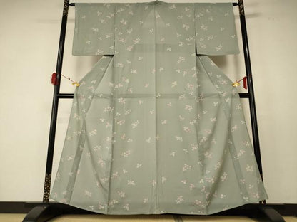 平和屋着物＊夏物 小紋 絽 舞葉文 銀彩 正絹 逸品 AABF5052jd
