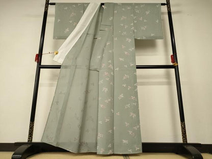 平和屋着物＊夏物 小紋 絽 舞葉文 銀彩 正絹 逸品 AABF5052jd