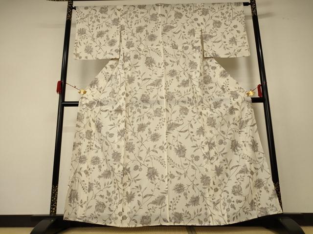 平和屋着物＊夏物　小紋　絽　草花文　銀彩　正絹　逸品　AABF5057jd