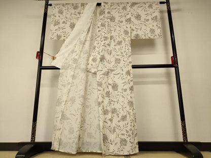 平和屋着物＊夏物　小紋　絽　草花文　銀彩　正絹　逸品　AABF5057jd