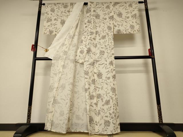 平和屋着物＊夏物　小紋　絽　草花文　銀彩　正絹　逸品　AABF5057jd