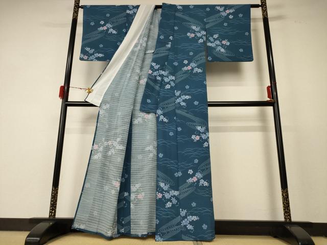 平和屋着物＊夏物 小紋 絽 流水草花文 洗える着物 AABF5071jd