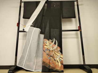 平和屋着物＊夏物 黒留袖 絽 飛鶴花文 金彩 洗える着物 AABF5115jd
