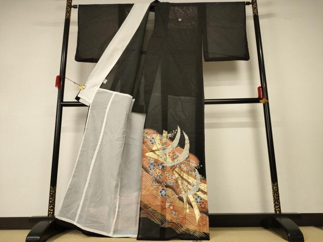 平和屋着物＊夏物 黒留袖 絽 飛鶴花文 金彩 洗える着物 AABF5115jd