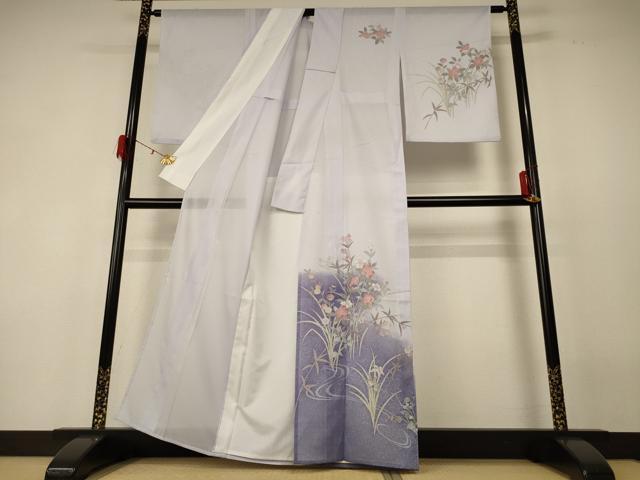 平和屋着物＊夏物 訪問着 絽 流水草花文 暈し染め 銀彩 洗える着物 AABF5118jd