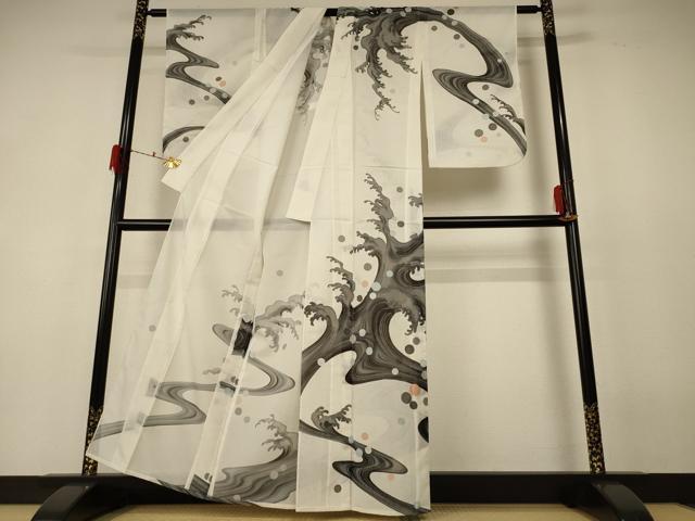 平和屋着物＊夏物 訪問着 絽 立波文 銀彩 洗える着物 AABF5119jd