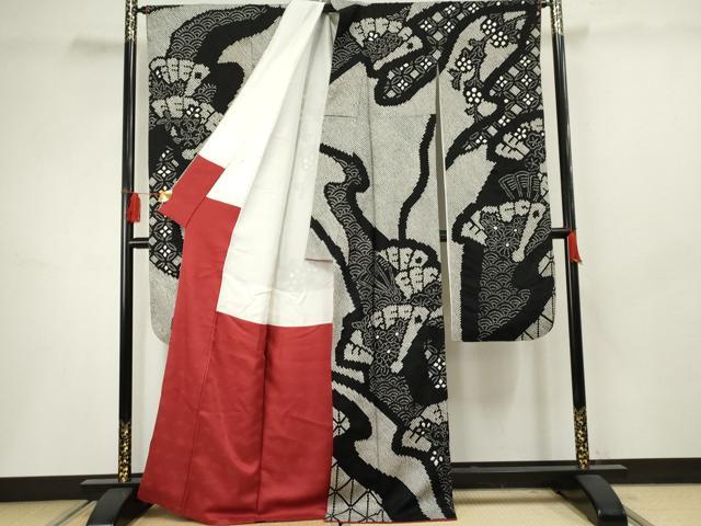 平和屋着物●豪華振袖 総絞り 檜扇枝垂れ花文 黒地 正絹 逸品 AABF5125cs