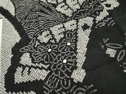 平和屋着物●豪華振袖 総絞り 檜扇枝垂れ花文 黒地 正絹 逸品 AABF5125cs