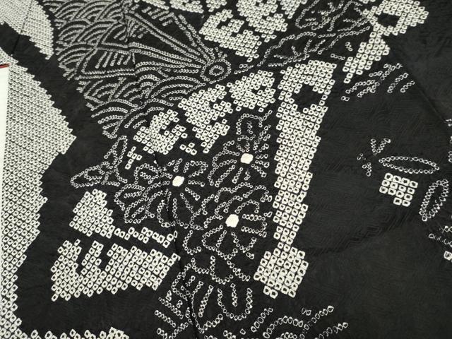 平和屋着物●豪華振袖 総絞り 檜扇枝垂れ花文 黒地 正絹 逸品 AABF5125cs