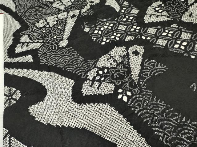 平和屋着物●豪華振袖 総絞り 檜扇枝垂れ花文 黒地 正絹 逸品 AABF5125cs