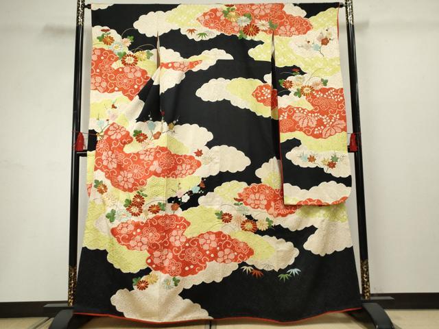 平和屋着物●豪華振袖 駒刺繍 絞り 雲重ね花唐草文 黒地 金銀糸 正絹 逸品 AABF5131cs