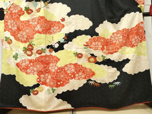 平和屋着物●豪華振袖 駒刺繍 絞り 雲重ね花唐草文 黒地 金銀糸 正絹 逸品 AABF5131cs