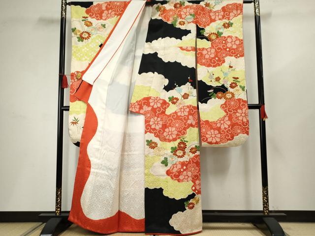 平和屋着物●豪華振袖 駒刺繍 絞り 雲重ね花唐草文 黒地 金銀糸 正絹 逸品 AABF5131cs