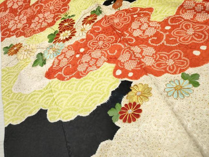 平和屋着物●豪華振袖 駒刺繍 絞り 雲重ね花唐草文 黒地 金銀糸 正絹 逸品 AABF5131cs