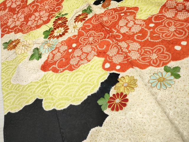 平和屋着物●豪華振袖 駒刺繍 絞り 雲重ね花唐草文 黒地 金銀糸 正絹 逸品 AABF5131cs