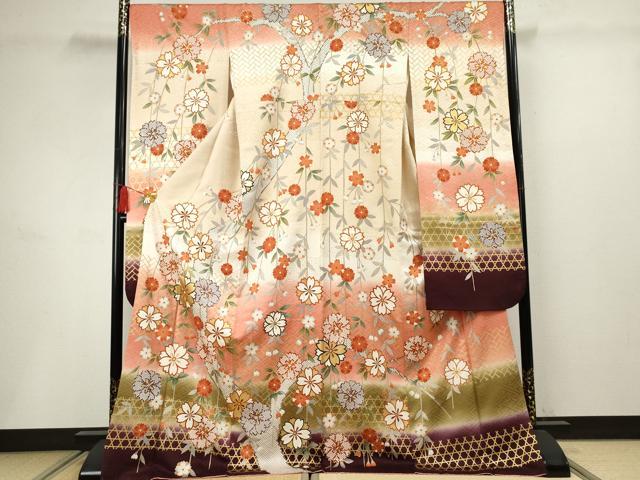 平和屋着物●豪華振袖 駒刺繍 枝垂れ花文 暈し染め 金彩 ロング丈 正絹 逸品 AABF5133cs