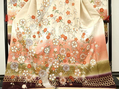 平和屋着物●豪華振袖 駒刺繍 枝垂れ花文 暈し染め 金彩 ロング丈 正絹 逸品 AABF5133cs