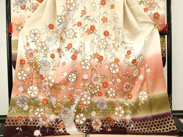 平和屋着物●豪華振袖 駒刺繍 枝垂れ花文 暈し染め 金彩 ロング丈 正絹 逸品 AABF5133cs