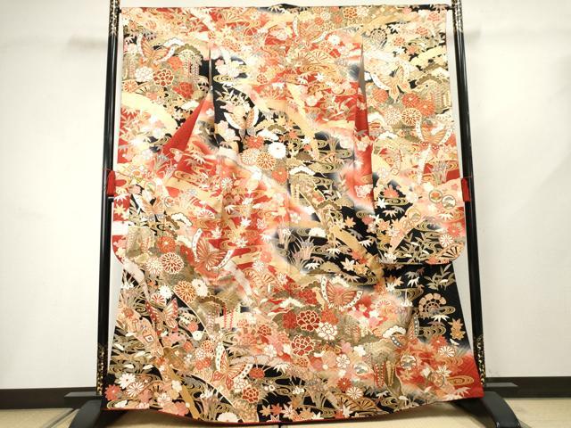平和屋着物●豪華振袖　駒刺繍　吉祥花蝶文　暈し染め　正絹　逸品　AABF5134cs
