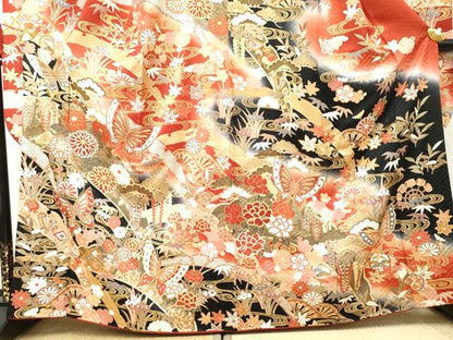 平和屋着物●豪華振袖　駒刺繍　吉祥花蝶文　暈し染め　正絹　逸品　AABF5134cs