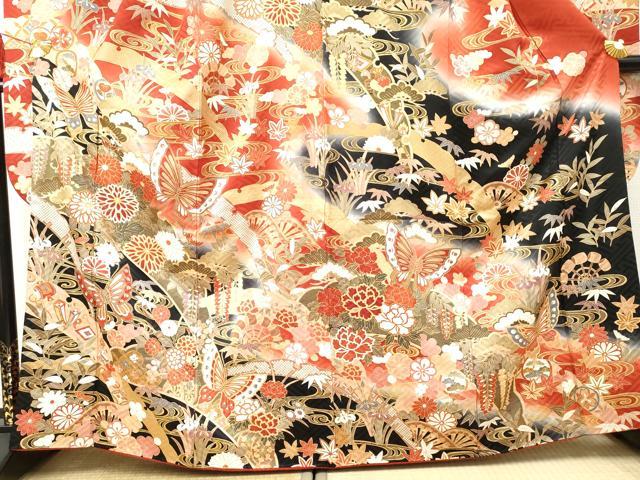 平和屋着物●豪華振袖　駒刺繍　吉祥花蝶文　暈し染め　正絹　逸品　AABF5134cs