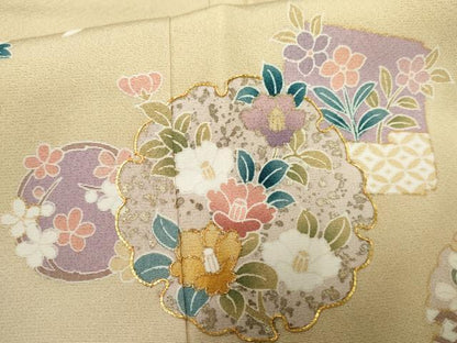 平和屋着物●訪問着 駒刺繍 雪輪地紙草花文 暈し染め 金銀彩 正絹 逸品 未使用 AABF5135cs