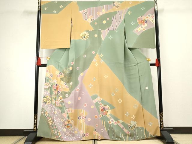 平和屋着物●訪問着 作家物 修平 駒刺繍 雪輪草花文 金彩 正絹 逸品 AABF5144cs