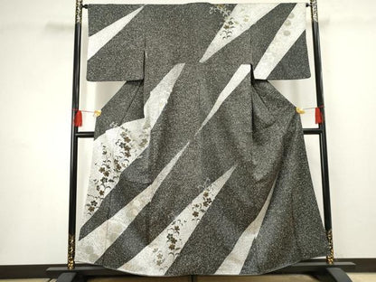 平和屋着物●訪問着 友禅 枝花文 たたき染め 黒地 金彩 正絹 逸品 AABF5145cs