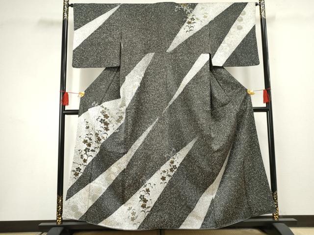平和屋着物●訪問着 友禅 枝花文 たたき染め 黒地 金彩 正絹 逸品 AABF5145cs