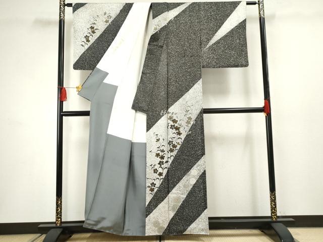 平和屋着物●訪問着 友禅 枝花文 たたき染め 黒地 金彩 正絹 逸品 AABF5145cs