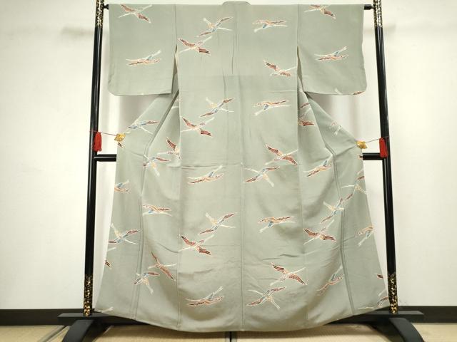 平和屋着物●上質な小紋 型染め 飛鶴文 鬼しぼ縮緬 正絹 逸品 AABF5148cs