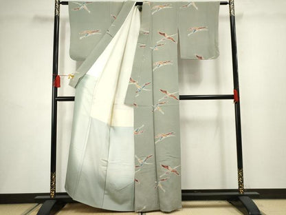 平和屋着物●上質な小紋 型染め 飛鶴文 鬼しぼ縮緬 正絹 逸品 AABF5148cs