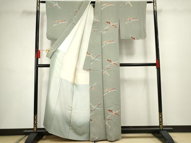 平和屋着物●上質な小紋 型染め 飛鶴文 鬼しぼ縮緬 正絹 逸品 AABF5148cs