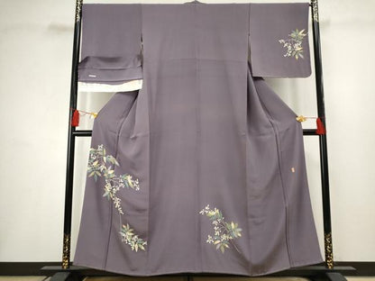 平和屋着物●本加賀友禅作家　柿本市郎　訪問着　枝葉文　浜ちりめん　反端付き　正絹　逸品　AABF5150cs