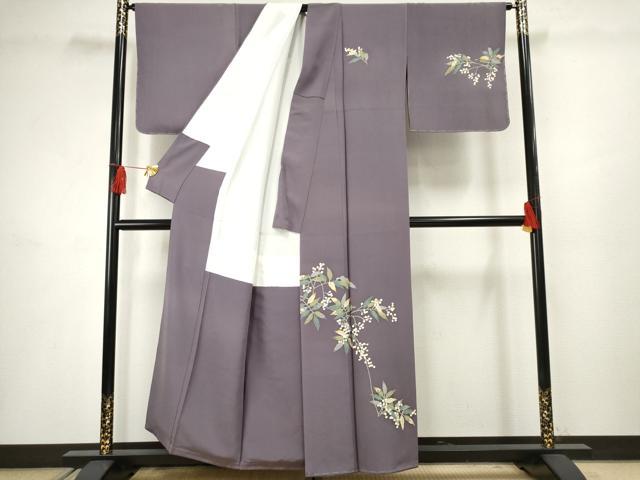 平和屋着物●本加賀友禅作家　柿本市郎　訪問着　枝葉文　浜ちりめん　反端付き　正絹　逸品　AABF5150cs