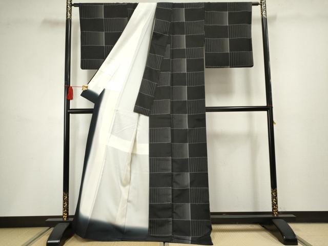 平和屋着物●上質な紬 格子 黒地 正絹 逸品 AABF5152cs