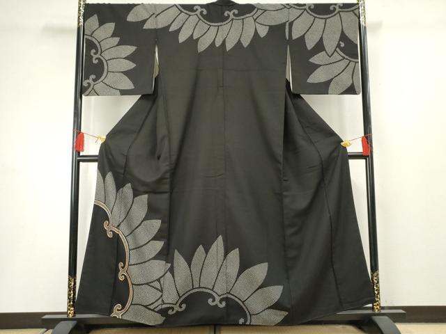 平和屋着物●お召 訪問着 駒刺繍 鹿の子唐草文 黒地 正絹 逸品 AABF5174cs