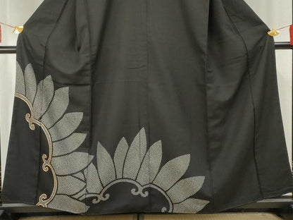 平和屋着物●お召 訪問着 駒刺繍 鹿の子唐草文 黒地 正絹 逸品 AABF5174cs