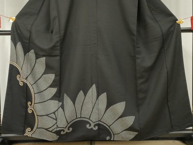 平和屋着物●お召 訪問着 駒刺繍 鹿の子唐草文 黒地 正絹 逸品 AABF5174cs