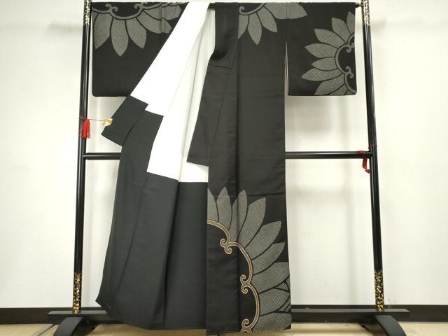 平和屋着物●お召 訪問着 駒刺繍 鹿の子唐草文 黒地 正絹 逸品 AABF5174cs