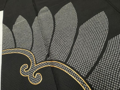 平和屋着物●お召 訪問着 駒刺繍 鹿の子唐草文 黒地 正絹 逸品 AABF5174cs