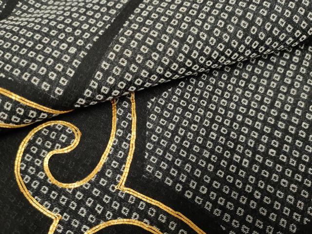 平和屋着物●お召 訪問着 駒刺繍 鹿の子唐草文 黒地 正絹 逸品 AABF5174cs