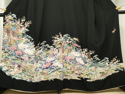 平和屋着物●本加賀友禅作家 染元千紅代表 寺西一紘 黒留袖 吉祥草花文 正絹 逸品 AABF5175cs