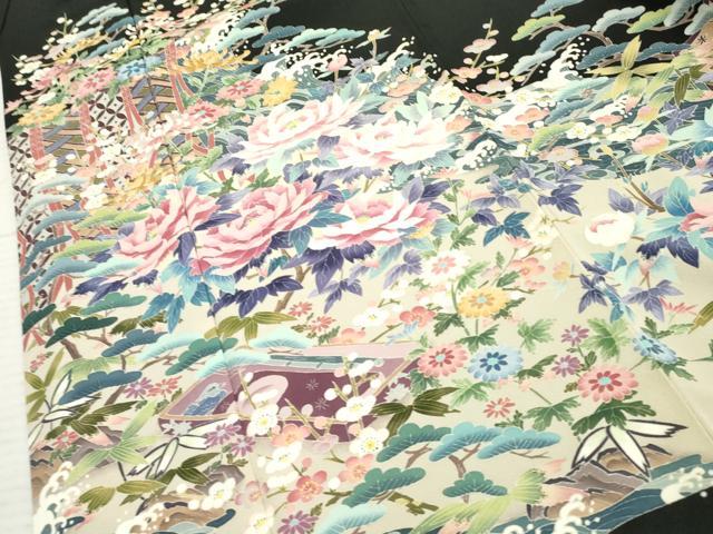 平和屋着物●本加賀友禅作家 染元千紅代表 寺西一紘 黒留袖 吉祥草花文 正絹 逸品 AABF5175cs
